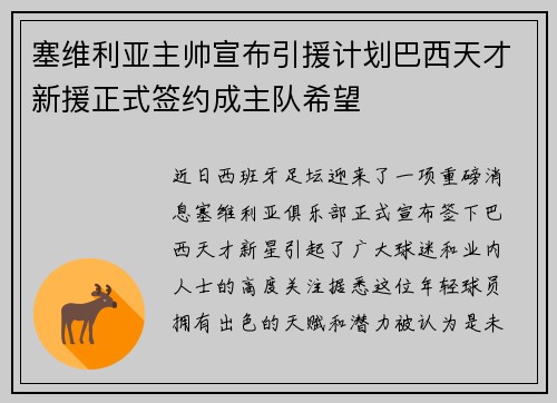 塞维利亚主帅宣布引援计划巴西天才新援正式签约成主队希望