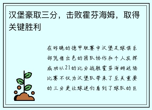 汉堡豪取三分，击败霍芬海姆，取得关键胜利